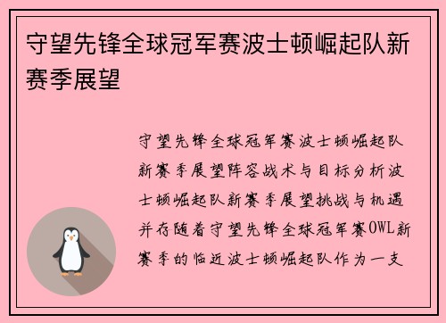 守望先锋全球冠军赛波士顿崛起队新赛季展望