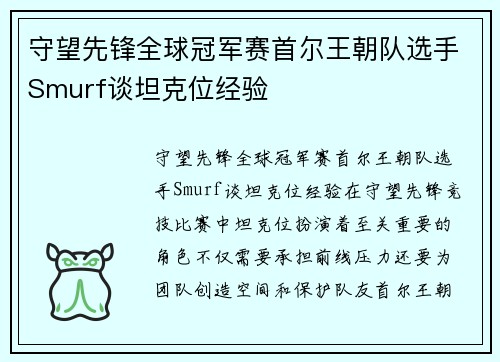 守望先锋全球冠军赛首尔王朝队选手Smurf谈坦克位经验