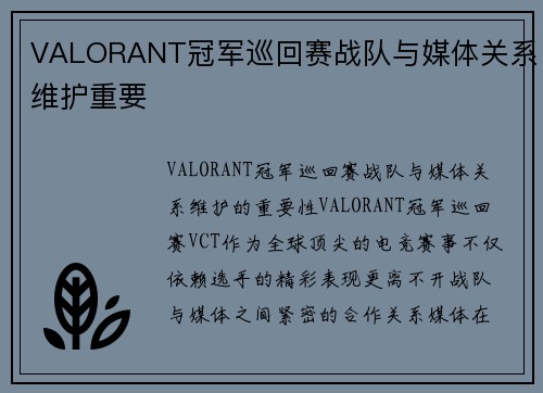 VALORANT冠军巡回赛战队与媒体关系维护重要
