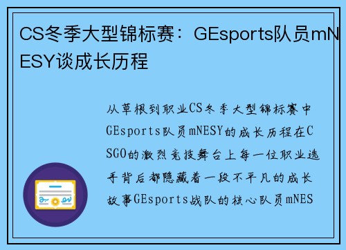 CS冬季大型锦标赛：GEsports队员mNESY谈成长历程